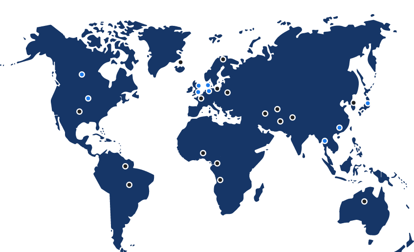 World map highlighting Music Traveler's global network of music spaces